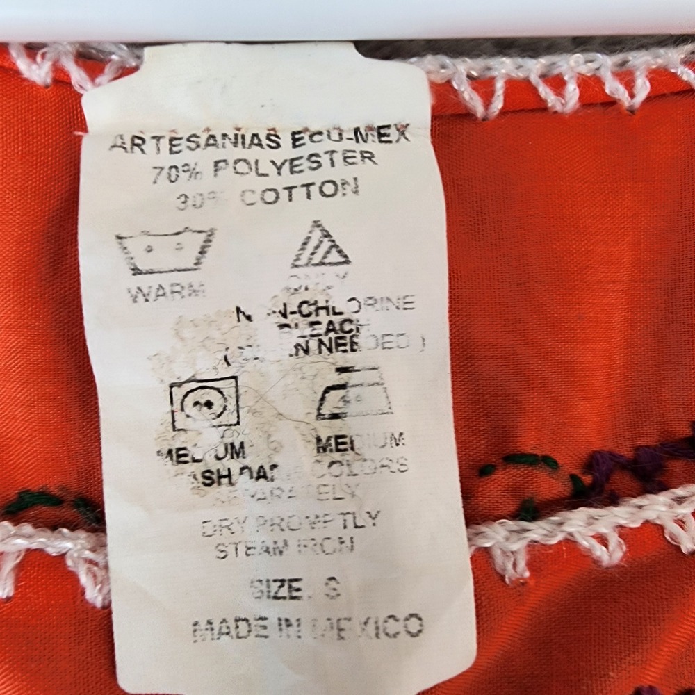 Artesanias Eco-Mex Dress Small Orange Floral Embroidered Mexican Puebla Boho - Picture 5 of 6
